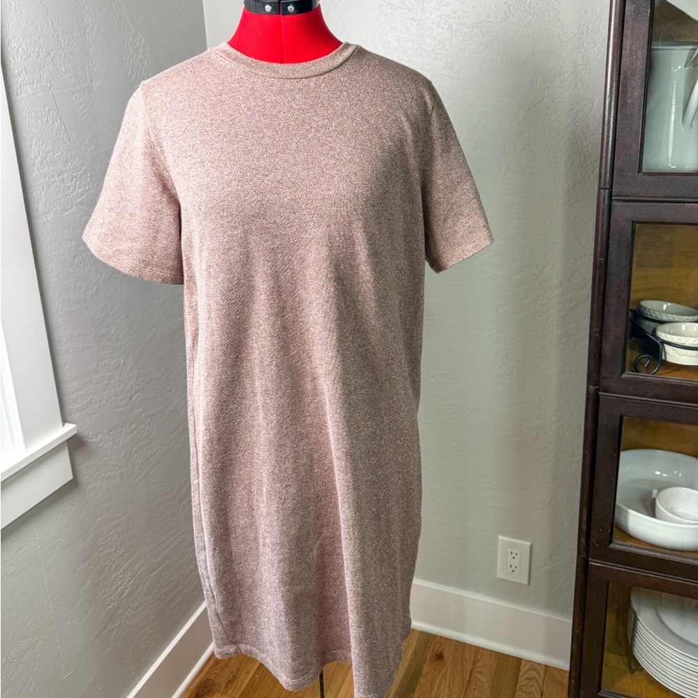 COS Metallic Knit T-Shirt Dress Pink Gold Shimmer Short Sleeve Minimalist Size M